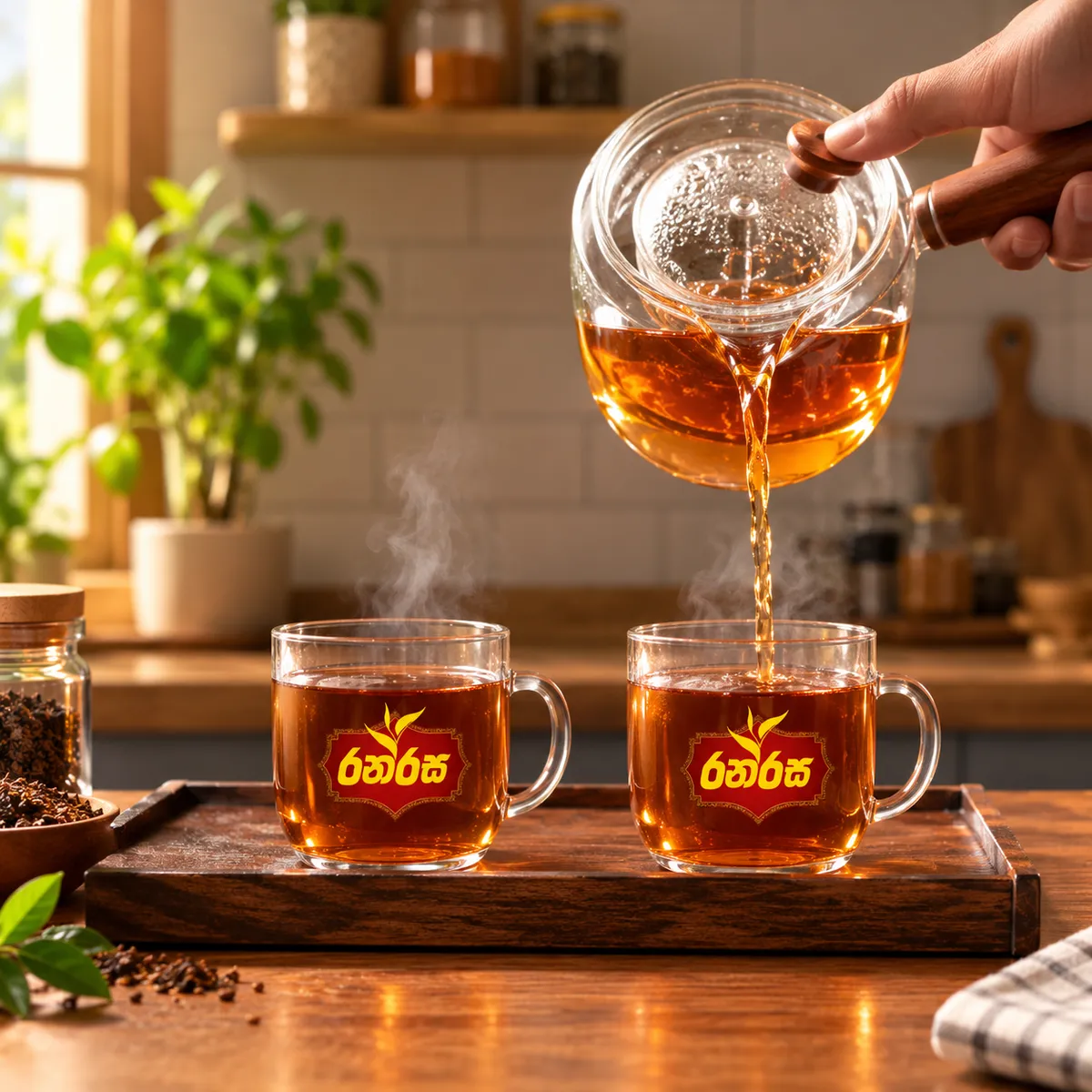 Tea being poured from a glass teapot into two cups marked with the Ranrasa logo