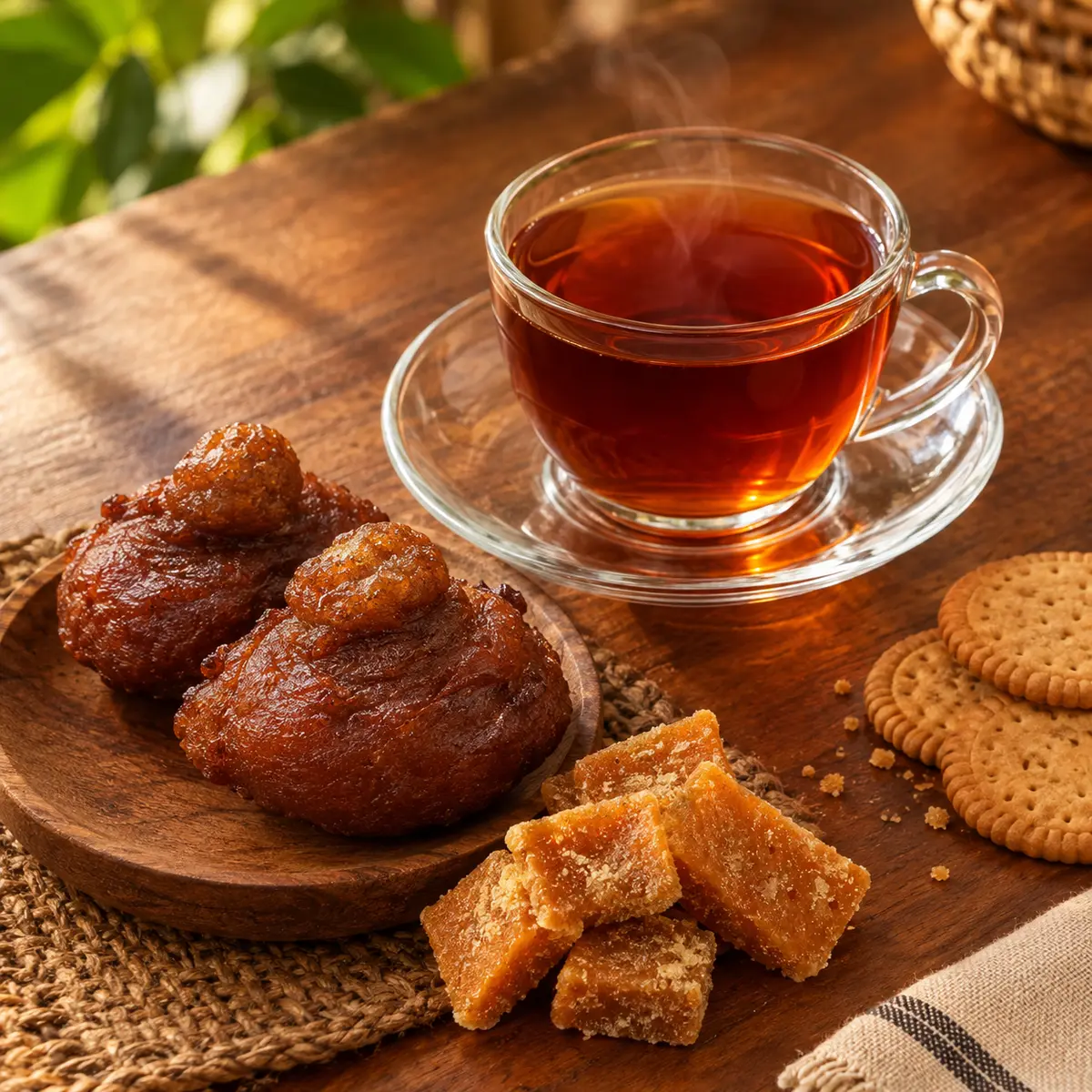 A glass cup of tea with kavum, jaggery and biscuits on a wooden table