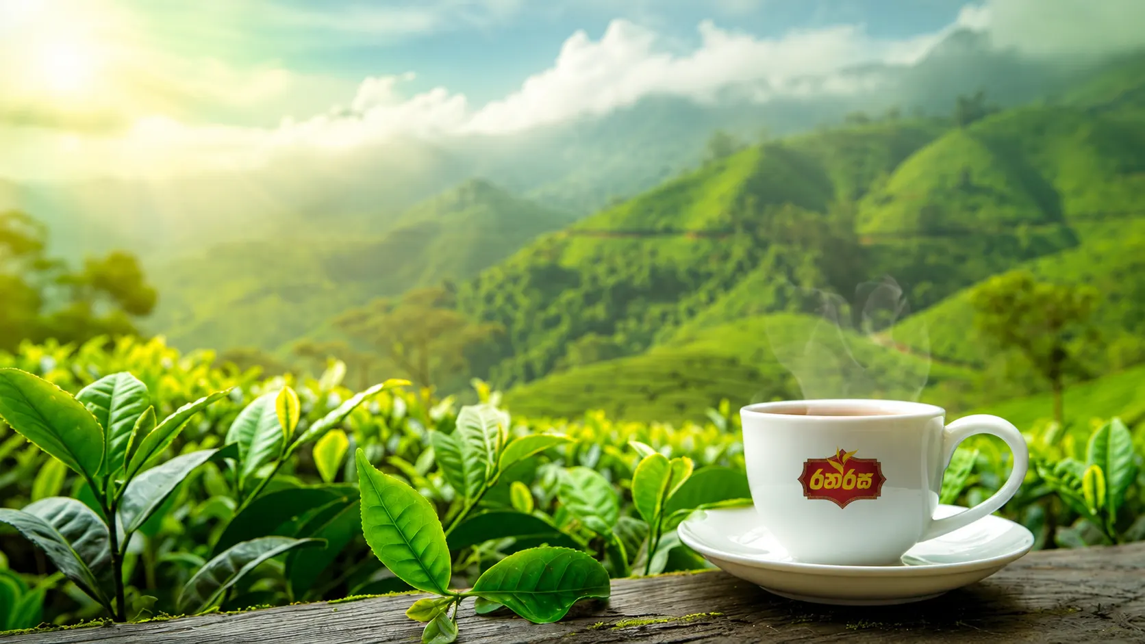 A cup of Ranrasa tea beside fresh tea leaves overlooking green tea hills